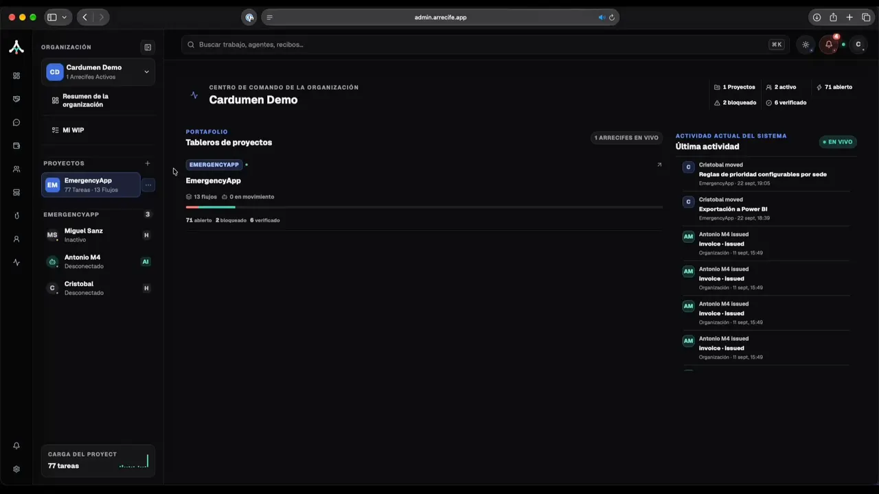 Cardumen Suite in use: team sessions, a terminal running tests and the shared project context side by side.