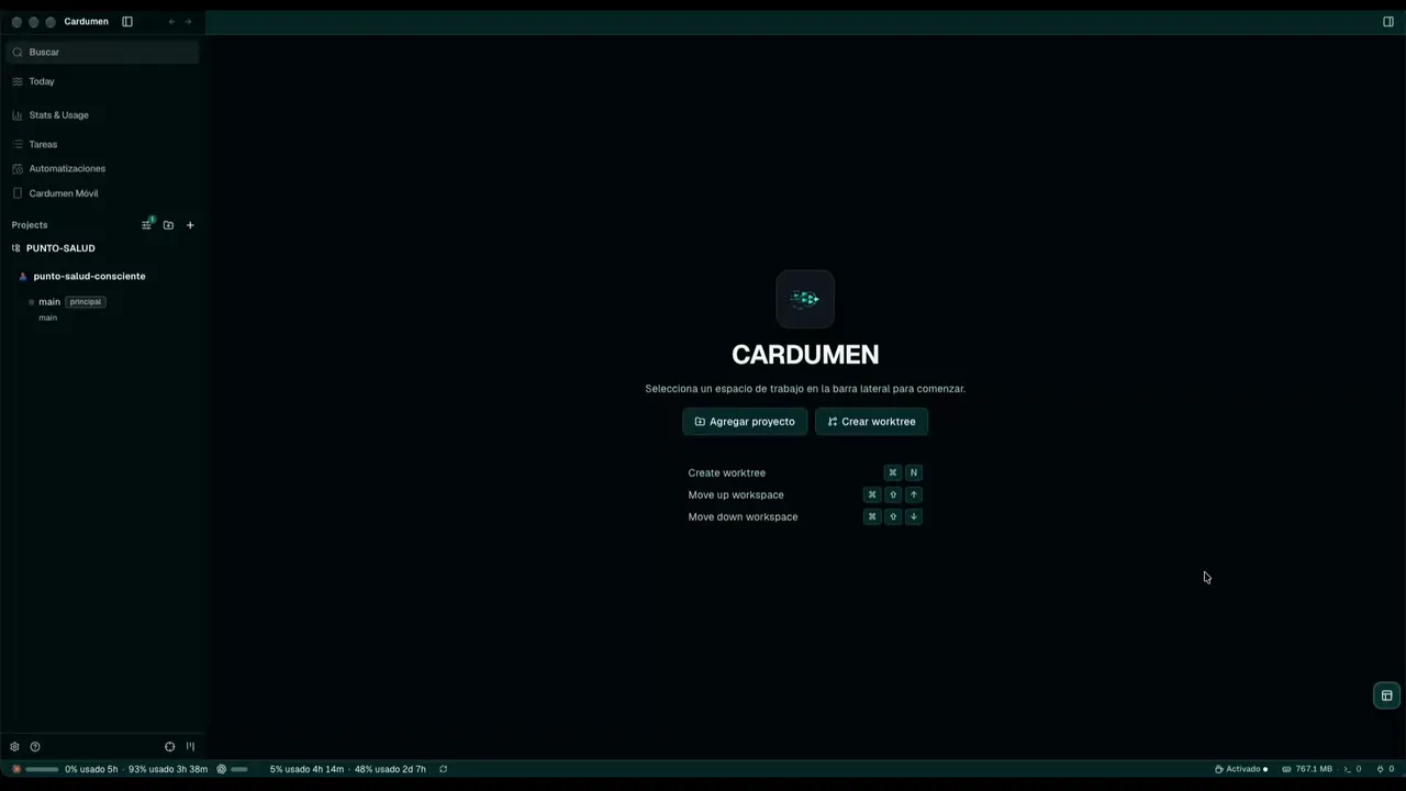 Cardumen session orchestrator: projects and branches in the sidebar, a code diff with passing tests and an agent panel verifying a delivery.